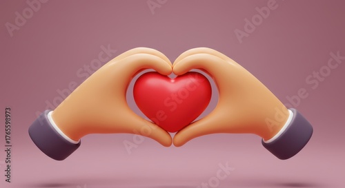 Heart 3d hand gesture emoji. Cartoon hands make heart shape together. Romantic Love, unity and care, compassion positive sign. Vector realistic smooth render icon
