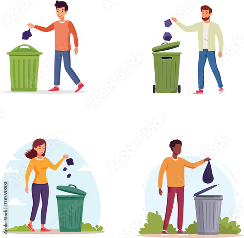People throwing garbage into trash bin illustration