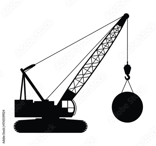 Silhouette vector illustration of a wrecking ball crane construction site industrial equipment scalable eps silhouette vector illustration white background