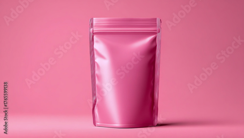 A clean modern pink stand up pouch with a resealable zipper closure on a pink background
