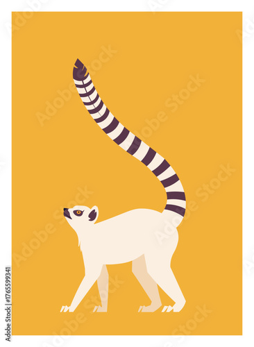 Minimalist flat illustration of a ring-tailed lemur on a yellow background. Modern vector animal design inspired by Madagascar wildlife. Posters, nature concepts, environmental and educational project