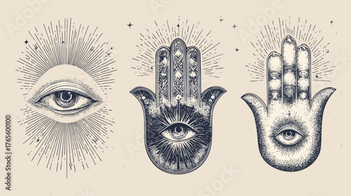Vintage engraved mystical symbols set: all-seeing eye, hamsa hands with third eye. Esoteric protection, spiritual illustration on light background.