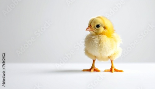 Yellow chick standing on white surface facing left