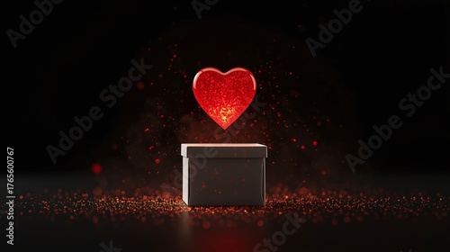 Glowing red heart floating above an open gift box on black background