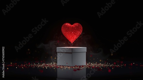 Romantic glowing heart rising from an open box in dark studio light
