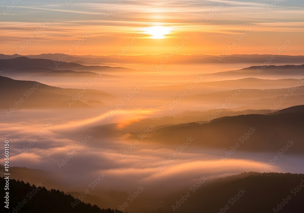 Obraz premium Golden Sunrise Over Misty Mountains A Scenic Landscape