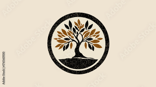 Grunge textured tree in a circular emblem. Stylized vector illustration of nature, growth, organic life, and earthy design.
