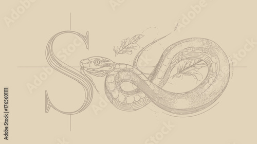 Ornate pencil sketch of a coiled serpent with stylized letter 'S' and feathers, intricate vintage illustration.
