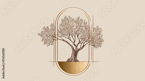 Elegant Gold Olive Tree Line Art Illustration in a Minimalist Geometric Arch Frame on Beige. Organic Nature Graphic Design Element.