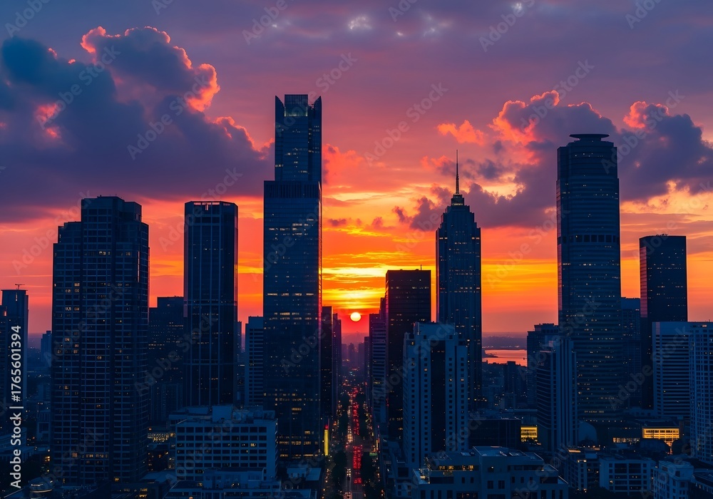 Fototapeta premium Sunrise Over a Modern City Skyline with Towering Skyscrapers