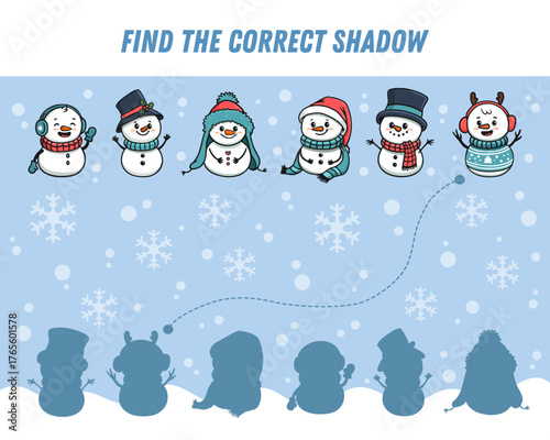 Find correct shadow of cartoon snowman. Educational logical game for kids. Christmas game. Vector illustration
