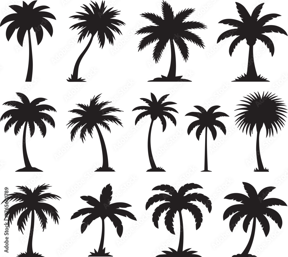 Naklejka premium Collection of black palm tree silhouettes on a white background vector