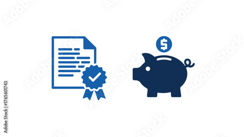Blue certificate and piggy bank icons vector illustration for finance and investment concepts isolated on a white background