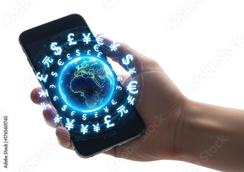 Mobile Phone with Global Money Currency Transfer App Isolated PNG Cutout Transparent