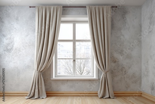 Cozy room with beige curtains and window overlooking winter trees.