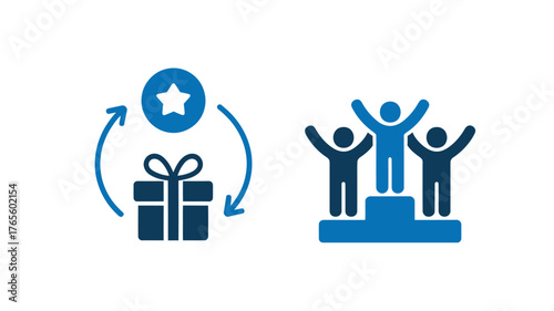 Loyalty program and winner podium icons vector flat design for business success and reward systems isolated on white background