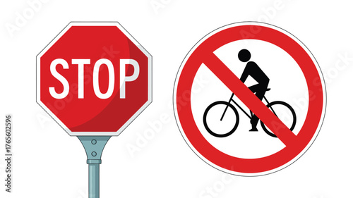 Stop sign and no bicycle sign vector illustration of traffic signs isolated on white background