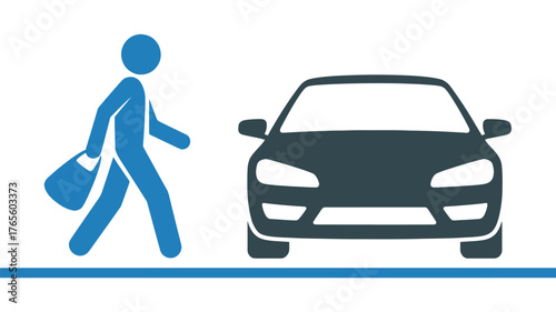Pedestrian safety vector icon person walking near a car simple flat design for traffic awareness and road safety campaigns