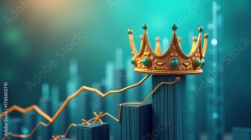 Golden crown atop rising financial graph symbolizes market leadership and ultimate business success.