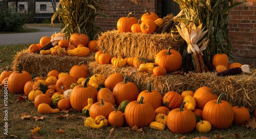 A rustic outdoor autumn harvest display featuring a variety of gourds, pumpkins of different sizes and colors, bales of hay, decorative corn stalks, and scattered dried leaves, bathed in warm, golden 