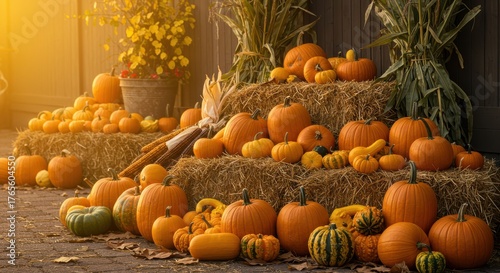 A rustic outdoor autumn harvest display featuring a variety of gourds, pumpkins of different sizes and colors, bales of hay, decorative corn stalks, and scattered dried leaves, bathed in warm, golden 