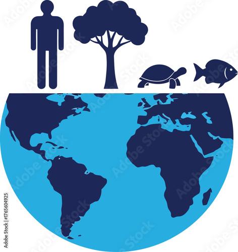 Diverse lifeforms ecosystem harmony above planet earth illustrating global biodiversity and nature conservation vector