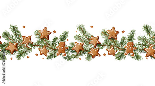 A horizontal border of vector Christmas branches, decorated with tiny gingerbread men and star cookies. Charming and decorative graphic, EPS 10 style, isolated on white background.