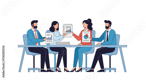 Four diverse business professionals collaborate around a table, analyzing financial reports and discussing strategic plans for successful project outcomes.