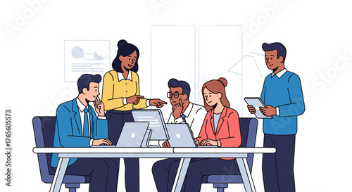 Diverse business professionals collaborate effectively in a modern office environment, utilizing technology for teamwork and problem-solving.