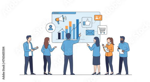 A diverse business team collaborates on digital marketing strategy, analyzing data and optimizing online campaigns for growth and success.