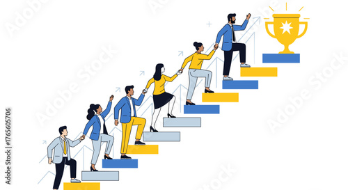 A diverse team of business professionals collaborates, ascending a staircase together towards a golden trophy, symbolizing collective success and ambitious goals.