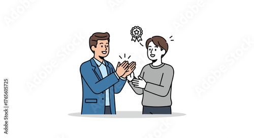 Two smiling men celebrate a successful achievement with enthusiastic applause and positive recognition in a modern flat vector illustration.