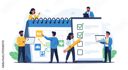 A diverse team collaboratively plans and manages business projects, meticulously organizing tasks and schedules using digital tools and a large calendar.