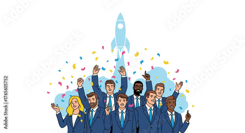 A diverse business team joyfully celebrates a successful rocket launch, symbolizing innovation, collaboration, and reaching new heights together.