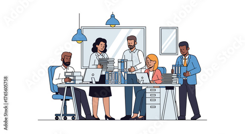 An inclusive team of diverse professionals is actively collaborating on a project, demonstrating unity and effective communication in a modern workspace.