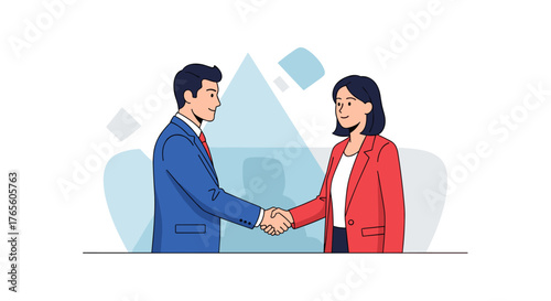 A diverse man and woman in professional attire are shaking hands, symbolizing a successful business partnership, agreement, and mutual trust.