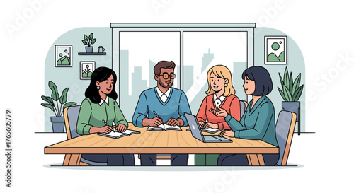 Diverse colleagues collaborate actively during a productive business meeting, sharing ideas and strategizing in a modern professional workspace.