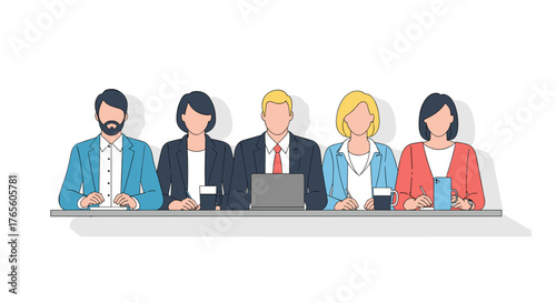 Diverse business professionals and colleagues collaborate in a modern corporate meeting or interview session, depicted with a clean flat illustration style.