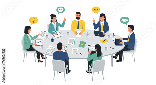 Diverse business professionals collaborate around an oval table, sharing ideas and engaging in strategic planning during a productive session.