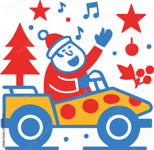 Santa claus singing and waving while driving a dune buggy style car