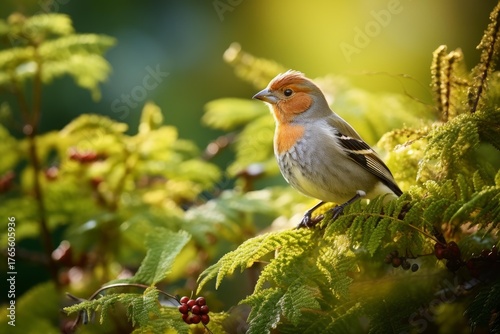 Orange and grey bird perched on a green branch with red berries in the forest, enjoying the sunlight
