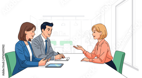 Three business colleagues actively participate in a productive meeting, exchanging valuable information and planning future strategies in a bright, contemporary setting.