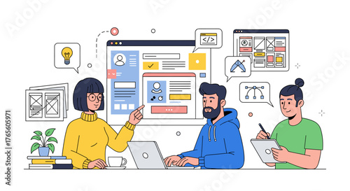 A diverse team of designers and developers collaborates on a user interface and experience project, brainstorming innovative digital solutions.