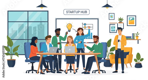A diverse team collaborates on innovative ideas within a modern startup hub, fostering creativity and strategic business growth.