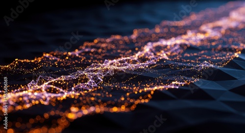 A stunning close-up view of a complex data flow, represented by vibrant glowing nodes and lines forming a network on a dark, geometric background. The colors are futuristic and dynamic, suggesting art