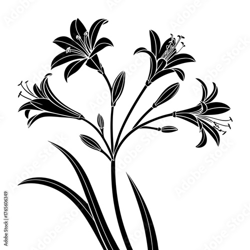 Botanical Vector Lily Bouquet Illustration Silhouette. Template for Floral Design Projects, and Elegant Black and White Flower Arrangements Artwork.