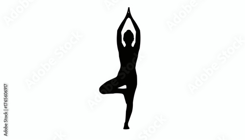 Silhouette of woman practicing tree pose for wellness and mindfulness meditation exercise
