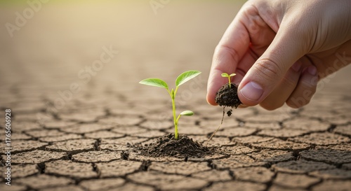 A beautiful, hyperrealistic illustration of a hand gently holding a miniature, thriving plant sprout emerging from cracked, dry earth. The scene should convey a strong message of hope, conservation,