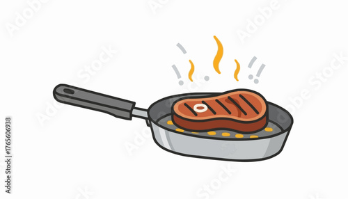 Sizzling steak cartoon illustration, appetizing and ready to eat on a hot cooking pan