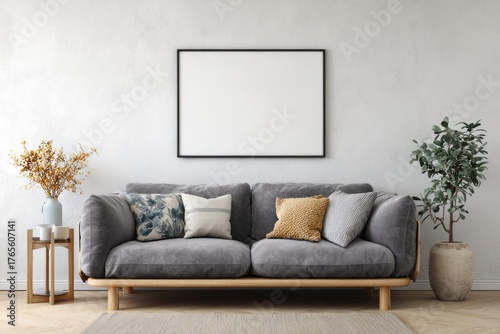 Comfortable sofa with decorative pillows against textured wall.